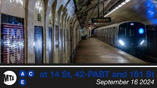 MTA NYC Subway A C E Trains  14 St 42PABT amp 181 St  91624 [upl. by Airym672]