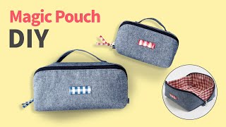 magic pouch tutorialcube zipper Pouch입큰 파우치입구가 넓어지는 파우치open wide pouchzipper poucharasewing [upl. by Barret956]