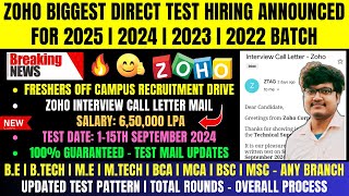 ZOHO DIRECT TEST NEW HIRING  OFF CAMPUS DRIVE FOR 2025 2024 2023 2022 BATCH  ZOHO FRESHERS JOBS [upl. by Cartan]