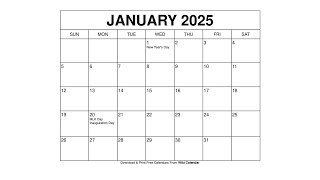 Free Printable January 2025 Calendar Templates With Holidays  Wiki Calendar [upl. by Enajiram]