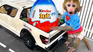 Monkey Baby Bon Bon eats kinder joy surprise eggs and plays with puppy in the swimming pool [upl. by Heber]