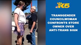 Transgender city councilwoman confronts Aberdeen store owner over controversial sign [upl. by Aneertak478]