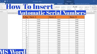 How To insert Automatic Serial Numbers in MS Word  Serial Numbers Automatically in Microsoft Word [upl. by Scutt]