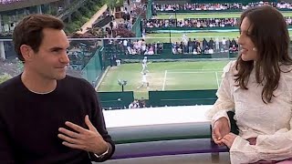 Wimbledon 2024 Roger Federer Interview With Andrea Petkovic amp ESPN Waves To Fans From Balcony [upl. by Bartholomeo]