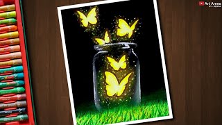 Magical Glowing Butterfly Scenery  Drawing with Oil Pastels  Step by Step No Clickbait [upl. by Akerahs]