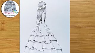 Easy back side Drawing of a girl  How to draw a girl with beautiful dress  Pencil Sketch [upl. by Soelch]