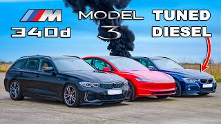 Tuned BMW diesel v new Tesla Model 3 DRAG RACE [upl. by Lledrev]