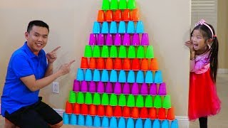 Emma Pretend Play w Giant Colorful Cup Wall Challenge Game Build Pyramid Kids Toys [upl. by Llerrut]