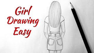 How to draw a girl easy back side Drawing of a girl easy step by step Pencil sketch of girl tutorial [upl. by Kciremed358]