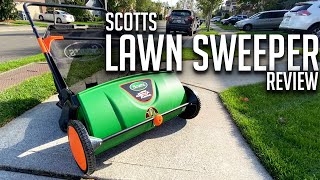 Scotts 26 in SweepIt Push Lawn Sweeper Review Convenient fall lawn maintenance yard tool [upl. by Farhi443]