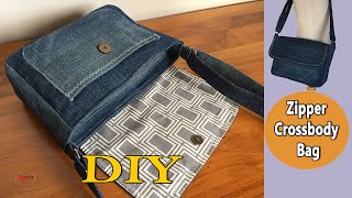 ZIPPER CROSSBODY BAG TUTORIAL  JEANS CROSSBODY BAG  DIY BAGS SEWING  JEANS BAG DIY [upl. by Perla971]