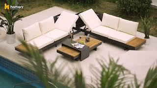 4 Pieces Modern L Shape Wood Outdoor Sectional Sofa Set with Coffee Table in Beige shorts [upl. by Ycat]