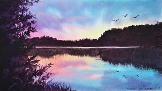 EASY Pond Sunset using ONLY 3 Colors RealTime Watercolor Tutorial [upl. by Beetner]