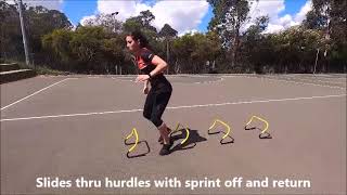 Netball Drill Lateral Slides thru hurdles to return sprint [upl. by Anoyi]