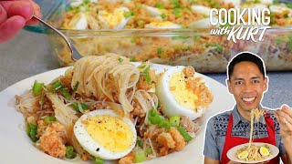 Red Ribbon Pancit Palabok Noodles with Annatto Sauce Pork Eggs and Chicharon  Cooking with Kurt [upl. by Bolanger]