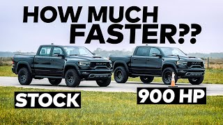 702 HP RAM TRX vs 900 HP Hennessey TRX Drag Race Comparison [upl. by Oeflein474]