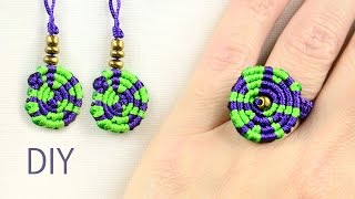 Multicolored Macrame Ring and Earrings  Tutorial [upl. by Ishmael]