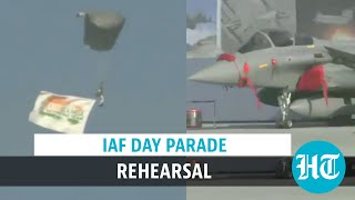 IAF Day rehearsal Watch Rafale on display IAF’s skydiving team in action [upl. by Cilka]