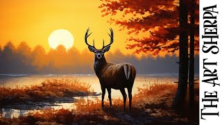 Deer at sunset lake Autumn landscape 🌟🎨 How to paint acrylics for beginners Paint Night at Home [upl. by Assetniuq]