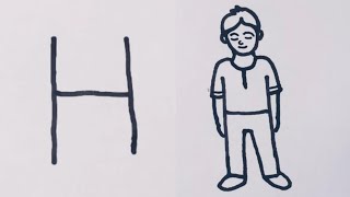 How to draw a person from letter H  Easy drawing step by step [upl. by Bussey]