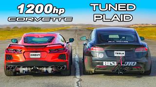 1200hp Corvette C8 v Model S Plaid DRAG RACE [upl. by Oile]