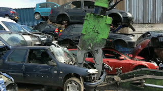 End of life ELV Scrap Car Dismantling Pincers and clamp for excavator taking a car apart [upl. by Serilda442]