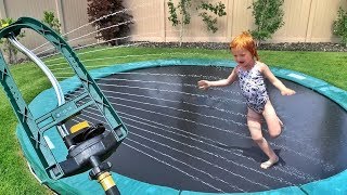 NEW TRAMPOLINE GAME Backyard Water Park Routine with Dad [upl. by Rosalba]