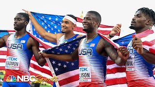 US men crush 4x400m relay breaking alltime world championship medals record  NBC Sports [upl. by Helse]