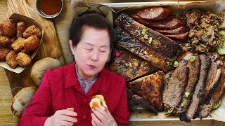 Korean Grandma Tries American BBQ for the first time [upl. by Akcemat]