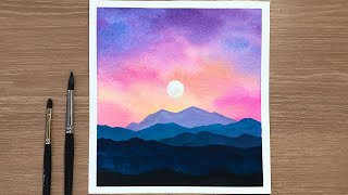 Glowy Sky amp Mountains  Easy Watercolor Sunset Tutorial for Beginners Step By Step [upl. by Arretal]