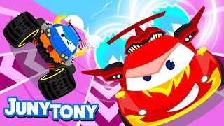 Race Cars  Vehicle Songs for Kids  Monster Trucks  Preschool Songs  JunyTony [upl. by Schurman]