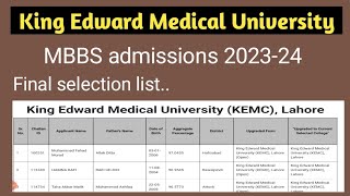 Kemu final merit list for mbbs admissions 202324  uhs college wise selection list for mbbs 2023 [upl. by Chapland]