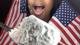 Cornstarch Eating Powder Video Squeaky Sounds Funnel Big Spoon Spatula Argo Brand Messy July 4th [upl. by Popele]