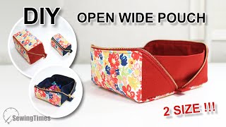 DIY OPEN WIDE POUCH  2 SIZE  How to make a tray pouch with a wide bottom sewingtimes [upl. by Natalya813]