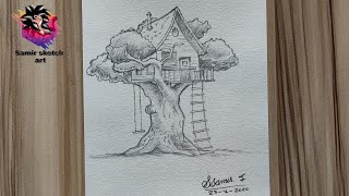 How to draw a tree house  treehouse drawing  drawing tutorial  step by steps [upl. by Mikeb986]