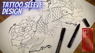 Drawing a Tattoo sleeve design Traditional Koi fish Japanese tattoo [upl. by Cranston]