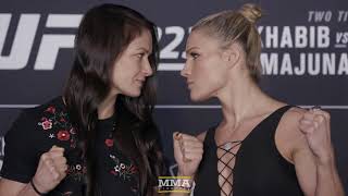 Karolina Kowalkiewicz vs Felice Herrig UFC 223 Media Day Staredown  MMA Fighting [upl. by Aliet]