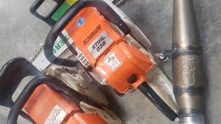 Stihl 038 Chainsaw AV vs Magnum Ported with pipe chain saw tuning [upl. by Euqirne466]