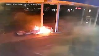 Gas station pump bursts into flames after 18yearold crashes as he was trying to do a burnout [upl. by Benjamen382]