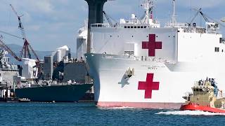 USNS Mercy TAH 19 Departs Naval Base San Diego [upl. by Hajidahk]