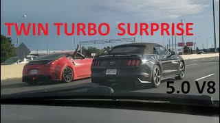 50L V8 MUSTANG THINKS HE CAN TAKE a TT Nissan 370z [upl. by Neetsirhc]