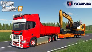 Farming Simulator 19  SCANIA R500 TRIDEM Truck Is Transporting An Crawler Excavator LIEBHERR [upl. by Eerak52]