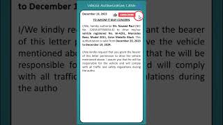 Vehicle Authorisation Letter vehicleauthorisationletter [upl. by Aitenev]