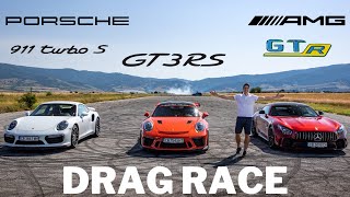 DRAG RACE Porsche 911 9912 GT3RS vs Turbo S vs Mercedes AMG GTR [upl. by Gnuoy]