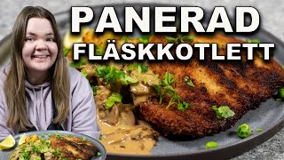 Panerad kotlett med champinjonsås och stekt potatis [upl. by Aetnuahs]