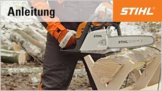 Brennholz sägen auf dem Sägebock  ansetzen mit einer STIHL Motorsäge [upl. by Bilow]