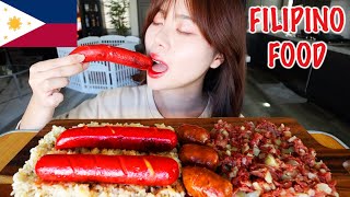 COOKING MUKBANG 먹방 FILIPINO BREAKFAST FOOD CHEESY RED HOT DOG CORNED BEEF HASH GARLIC LONGGANISA [upl. by Nepets]