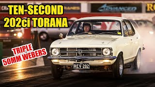 8000rpm SixPack Torana Runs 10s With a 202ci Six [upl. by Rhianon]