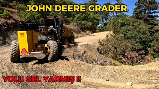 4K JohnDeere670gp grader repairs the road damaged by the flood  Greyder Selin yardığı yolu onarır [upl. by Bodrogi]