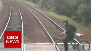 Cyclists nearmiss with train released  BBC News [upl. by Apul]